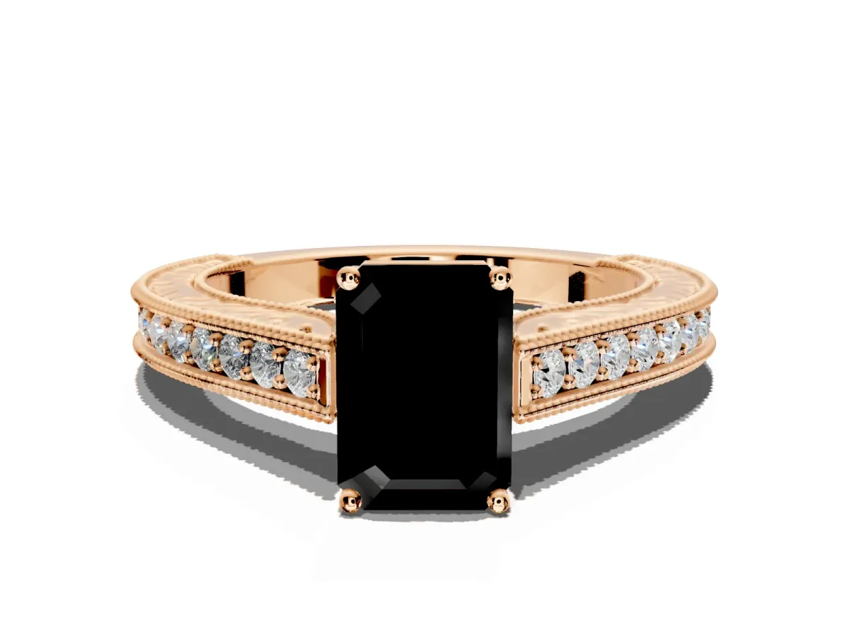 Solitaire Engagement Ring Setting for Fancy Black Emerald Cut Center with Engraved Pave Band and Prong Head in Rose Gold