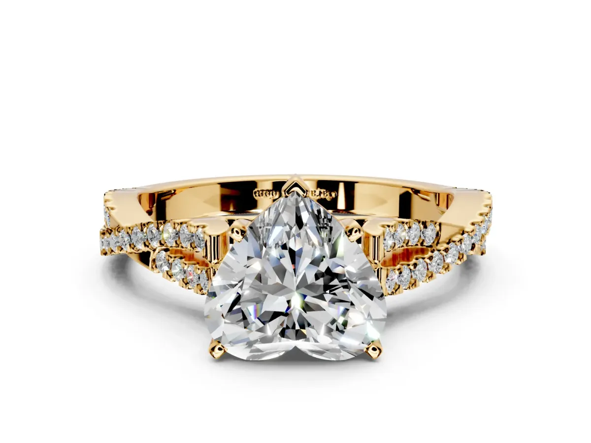 Solitaire Engagement Ring Setting for Heart-Shaped Center with Twisted Pave Split Shank and Prong Head in Yellow Gold