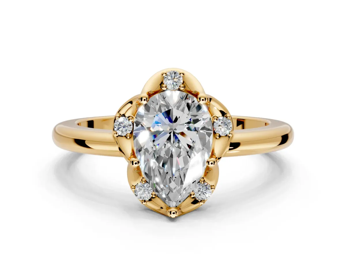 Floral Frame Engagement Ring Setting for Pear-Shaped Center with Accent Clusters and Prong Head in Yellow Gold