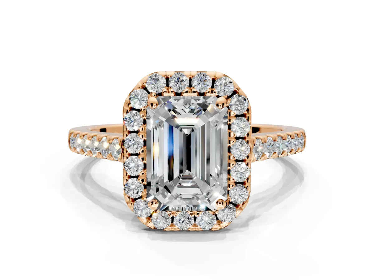 Halo Engagement Ring Setting for Emerald Cut Center with Narrowing Pave Band and Prong Head in Rose Gold