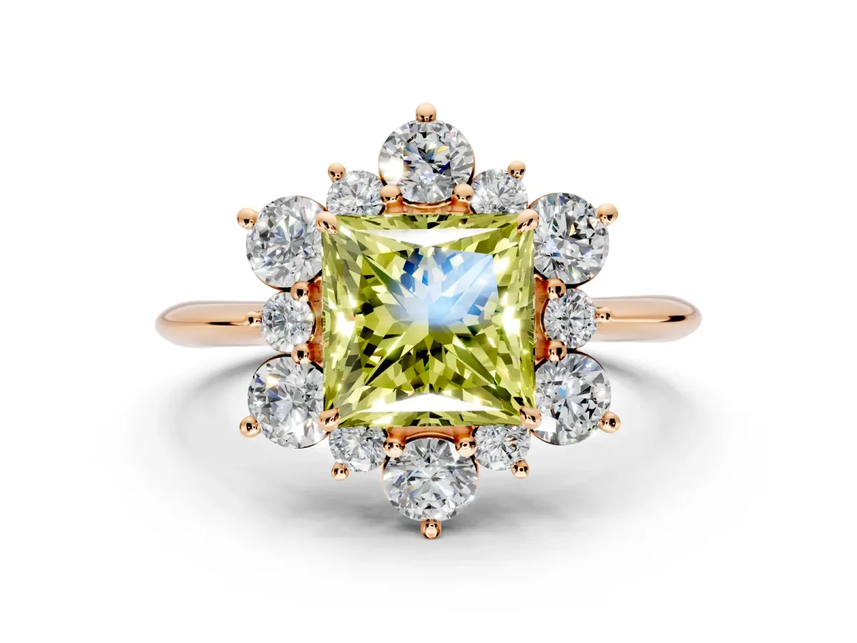 Small-Accent Cluster Halo Engagement Ring Setting for Fancy Yellow Princess Cut Center with Plain Band and Prong Head in Rose Gold