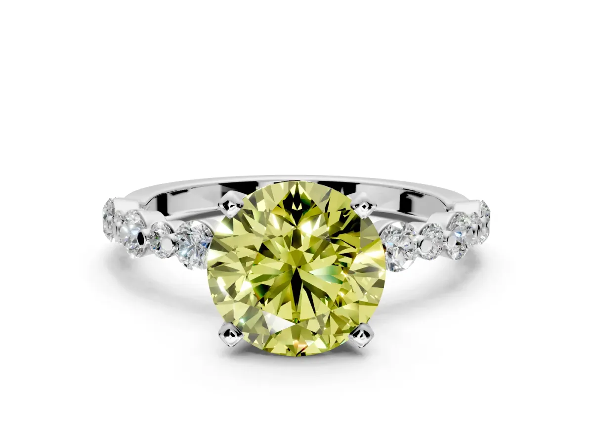 Solitaire Engagement Ring Setting for Fancy Yellow Round Cut Center with Alternating Size Accents and Prong Head in Sterling Silver