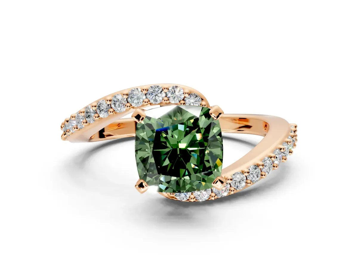 Solitaire Engagement Ring Setting for Fancy Green Cushion Cut Center with Pave Bypass Swirl Band and Prong Head in Rose Gold