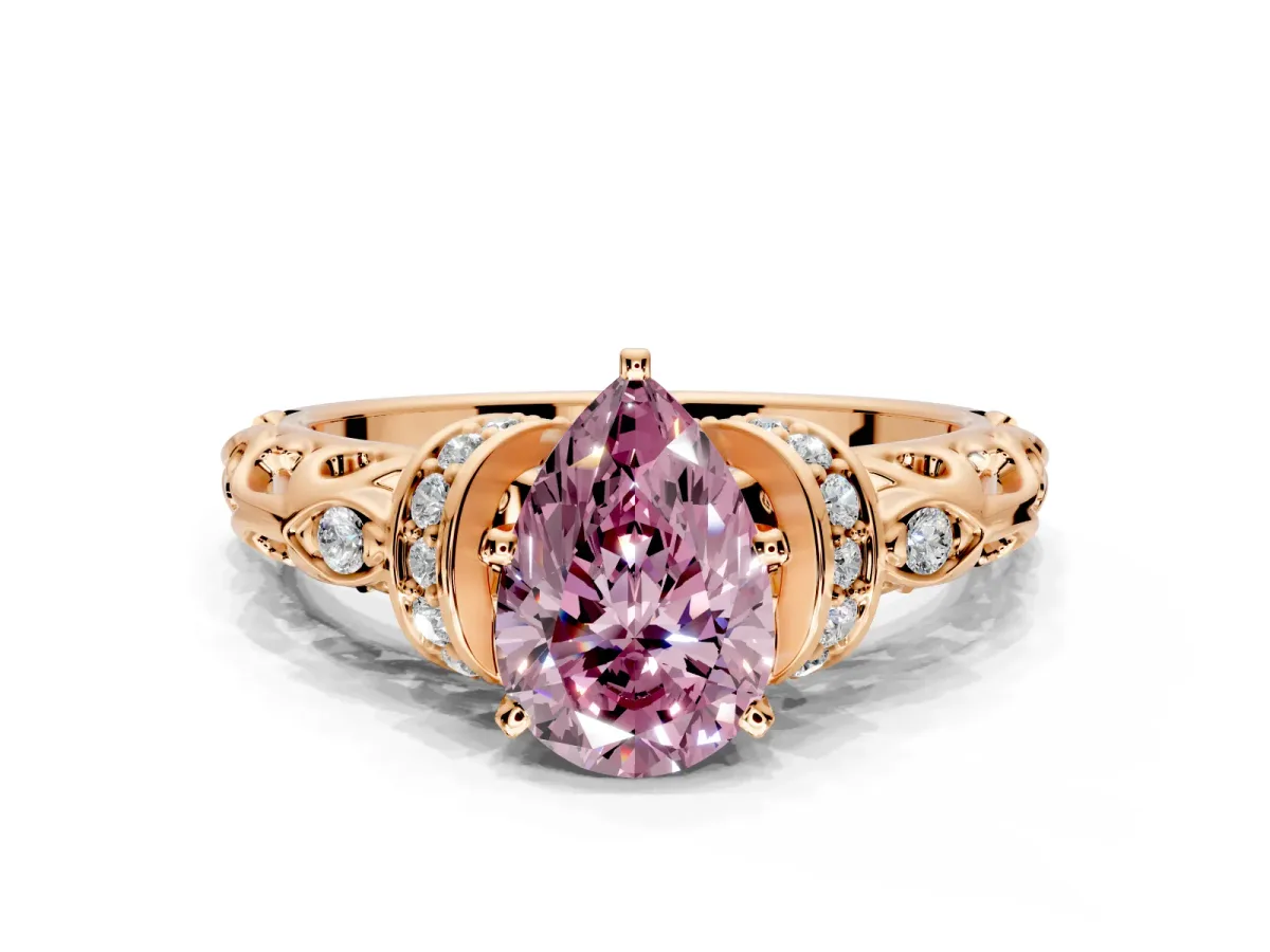Solitaire Engagement Ring Setting for Fancy Pink Pear-Shaped Center with Filigree Band and Prong Head in Rose Gold