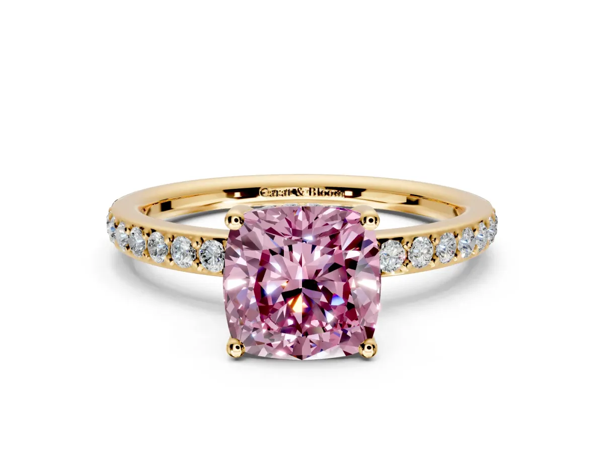 Solitaire Engagement Ring Setting for Fancy Pink Cushion Cut Center with Fine Pave Band and Prong Head in Yellow Gold