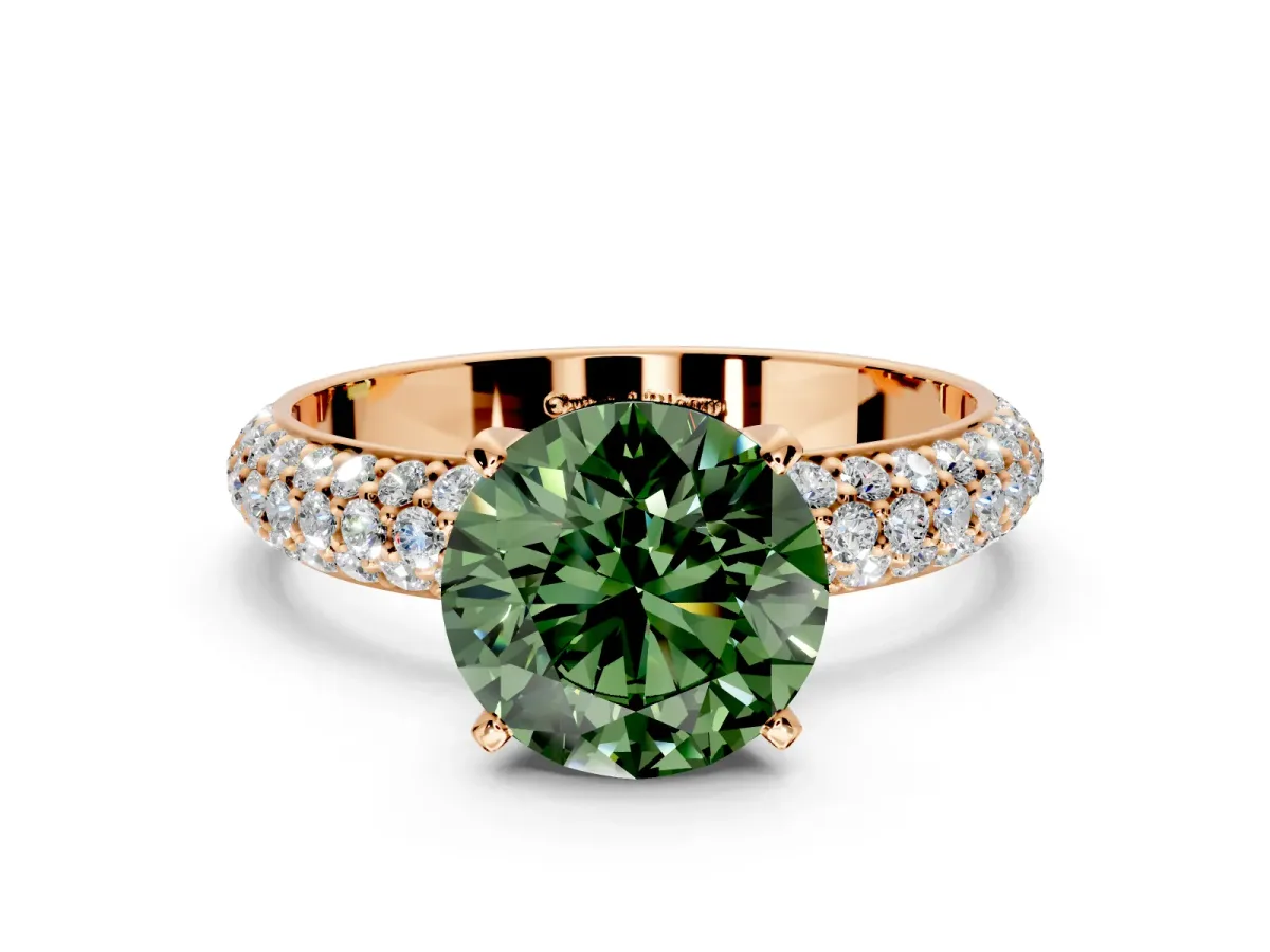 Solitaire Engagement Ring Setting for Fancy Green Round Cut Center with Domed Multi-Row Pave Band and Prong Head in Rose Gold
