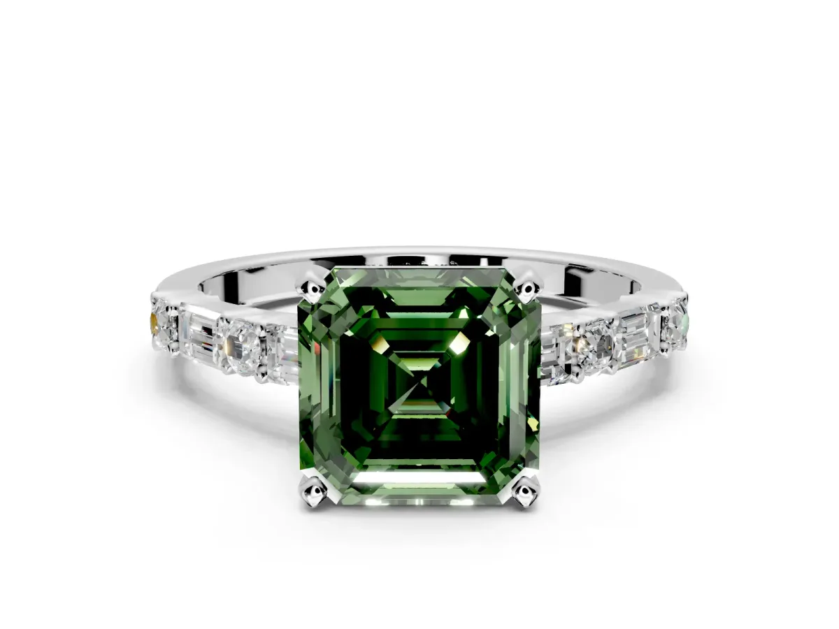 Baguette Engagement Ring Setting for Fancy Green Asscher Cut Center with Alternating Bar-Set Band and Prong Head in White Gold