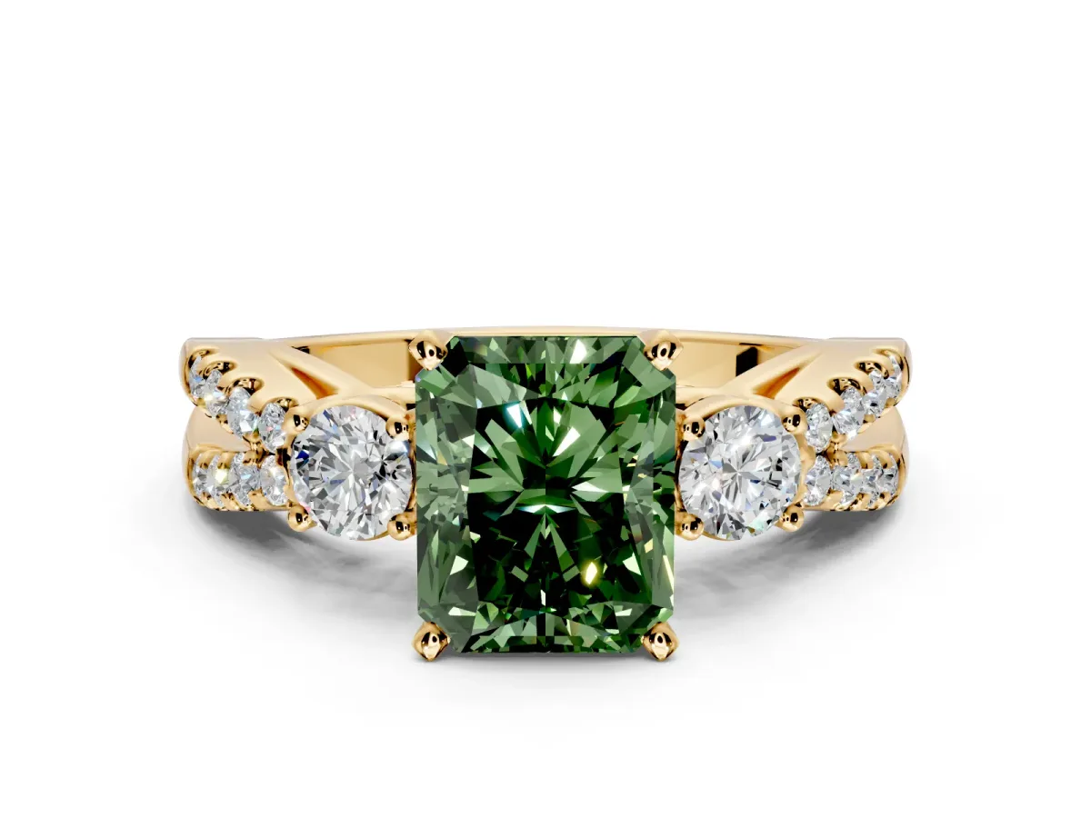3 Stone Engagement Ring Setting for Fancy Green Radiant Cut Center with Pave Split Shank and Prong Head in Yellow Gold