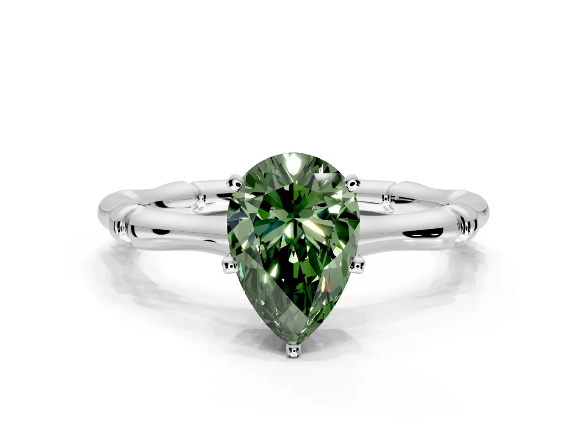 Solitaire Engagement Ring Setting for Fancy Green Pear-Shaped Center with Bamboo Band and Prong Head in Sterling Silver