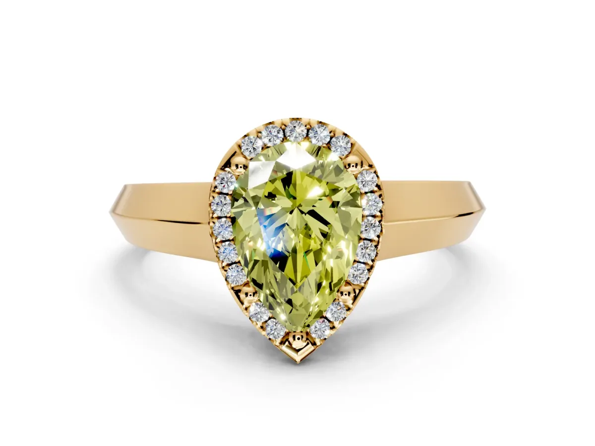 Halo Engagement Ring Setting for Fancy Yellow Pear-Shaped Center with Knife Ridge Cathedral Band and Prong Head in Yellow Gold
