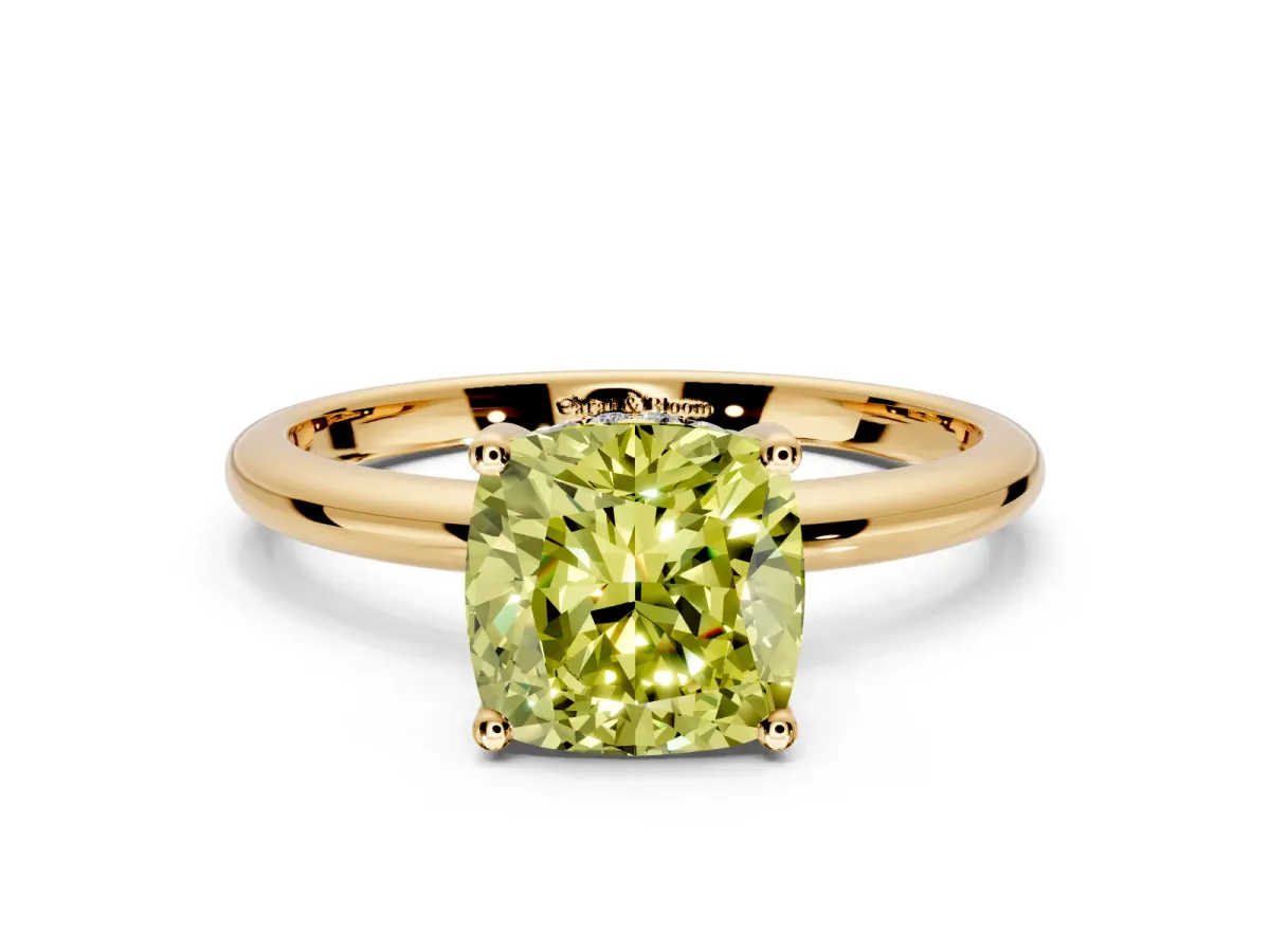 Hidden Halo Engagement Ring Setting for Fancy Yellow Cushion Cut Center with Thin Round-Wire Band and Prong Head in Yellow Gold