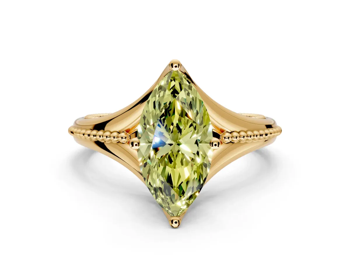 Solitaire Engagement Ring Setting for Fancy Yellow Marquise Center with Milgrain Cathedral Band and Prong Head in Yellow Gold