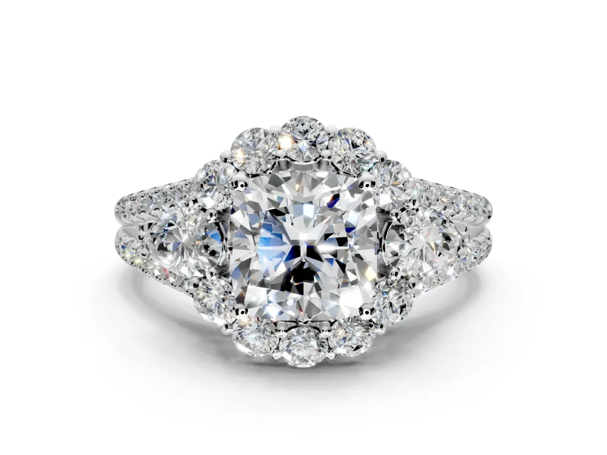 Halo Engagement Ring Setting for Cushion Cut Center with Two-Strand Split Shank and Prong Head in Sterling Silver