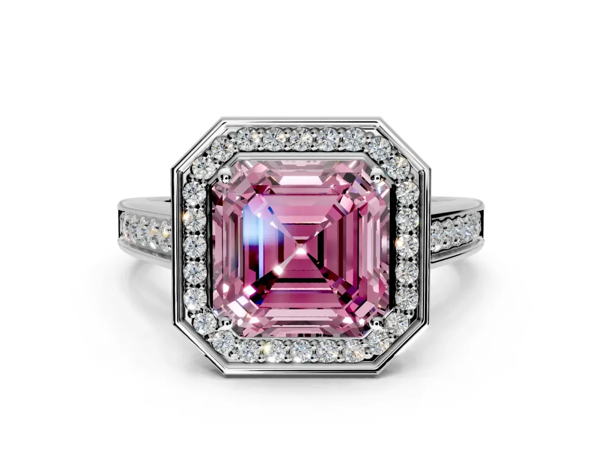 Halo Engagement Ring Setting for Fancy Pink Asscher Cut Center with Outer Bezel Rim, Pave Band and Prong Head in White Gold
