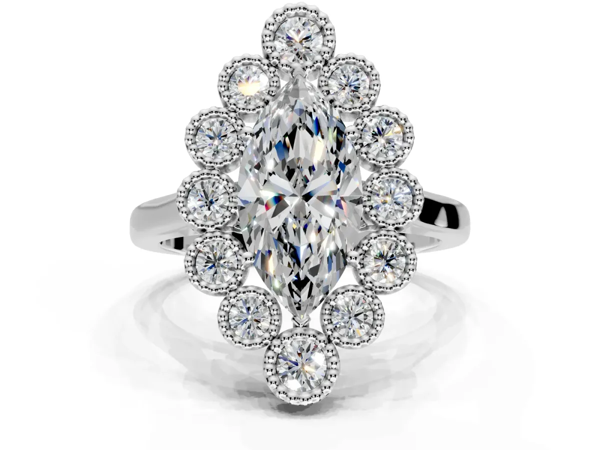 Cluster Halo Engagement Ring Setting for Marquise Center with Milgrain Bezel Accents and Prong Head in Platinum