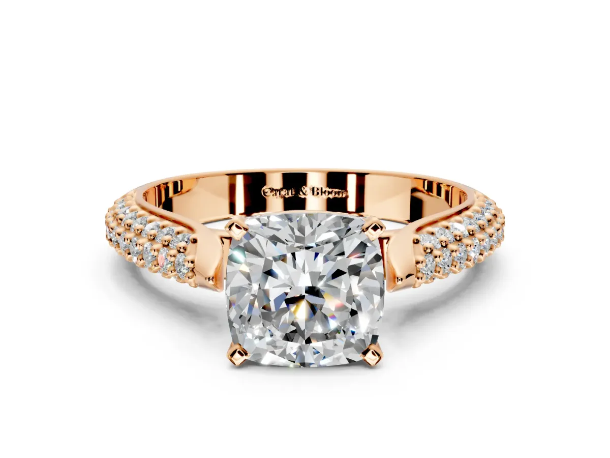 Solitaire Engagement Ring Setting for Cushion Cut Center with Multi-Row Accents and Prong Head in Rose Gold