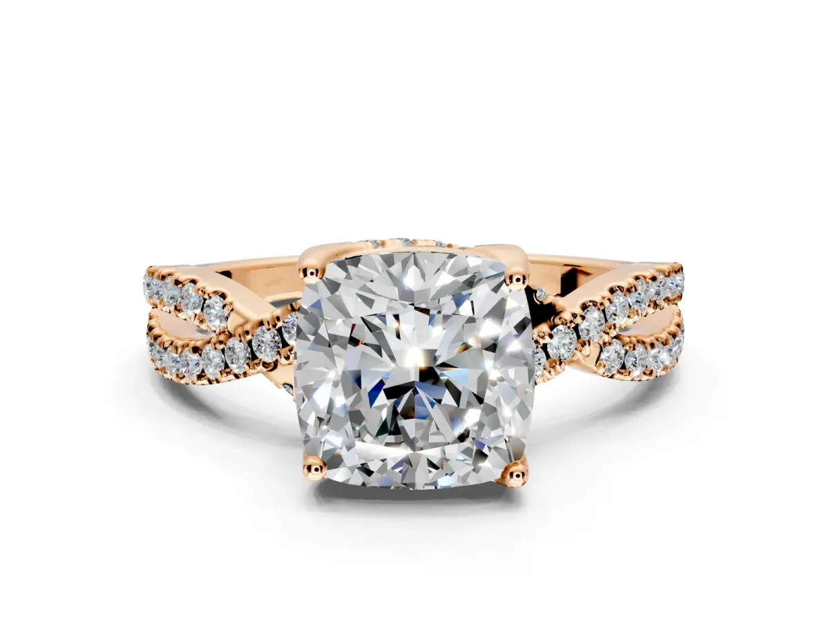 Solitaire Engagement Ring Setting for Cushion Cut Center with Narrow Twist Pave Band and Prong Head in Rose Gold