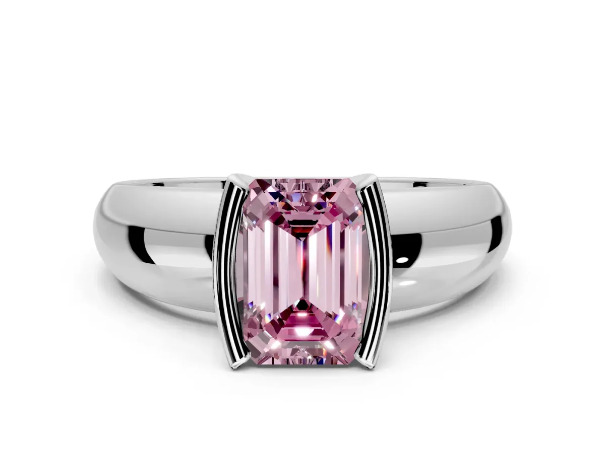 Tension Engagement Ring Setting for Fancy Pink Emerald Cut Center with Wide Flat Band and Tension Head in Platinum