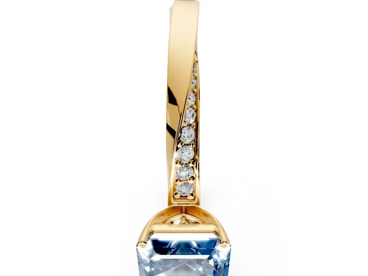 Side Accent Engagement Ring Setting for Fancy Blue Asscher Cut Center with Accent Shoulders and Prong Head in Yellow Gold
