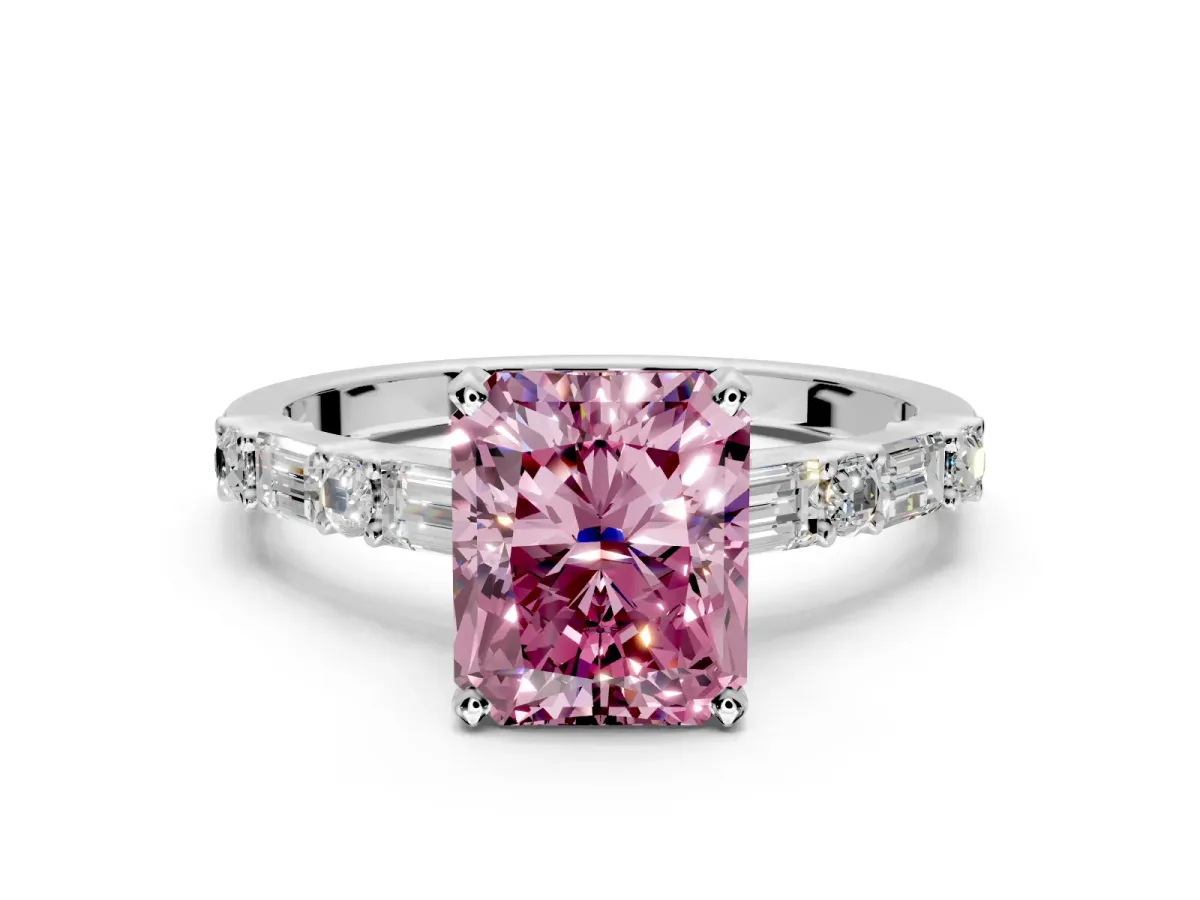 Baguette Engagement Ring Setting for Fancy Pink Radiant Cut Center with Alternating Bar-Set Band and Prong Head in Platinum