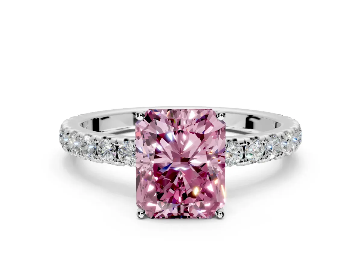 Solitaire Engagement Ring Setting for Fancy Pink Radiant Cut Center with Large Accent Band and Prong Head in Platinum