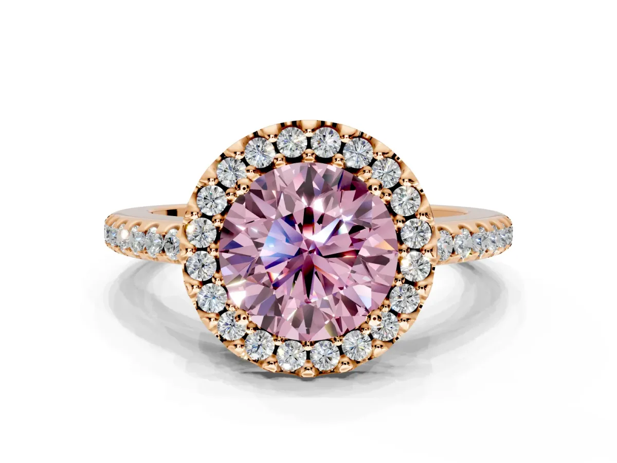 Pave Halo Engagement Ring Setting for Fancy Pink Round Cut Center with Single Row Pave Band and Prong Head in Rose Gold
