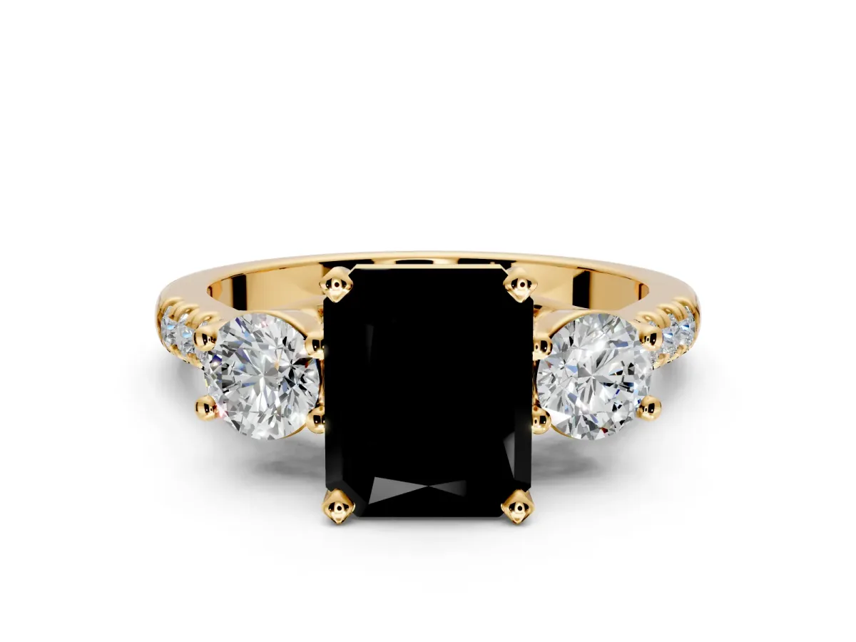 3 Stone Engagement Ring Setting for Fancy Black Radiant Cut Center with Crossover Basket, Pave Band and Prong Head in Yellow Gold