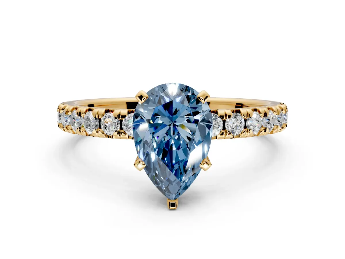 Solitaire Engagement Ring Setting for Fancy Blue Pear-Shaped Center with Large Accents and Prong Head in Yellow Gold