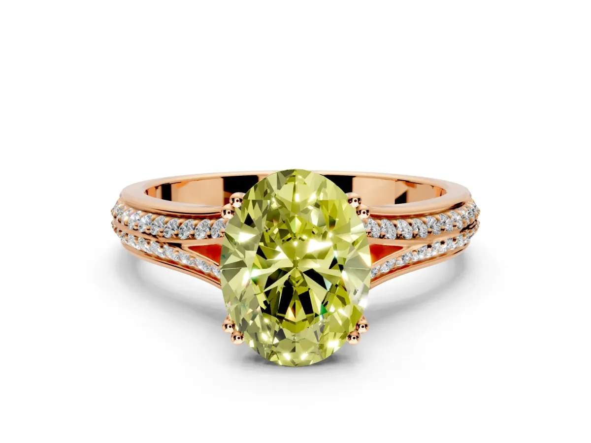 Solitaire Engagement Ring Setting for Fancy Yellow Oval Center with Pave Rail Split Shank and Prong Head in Rose Gold