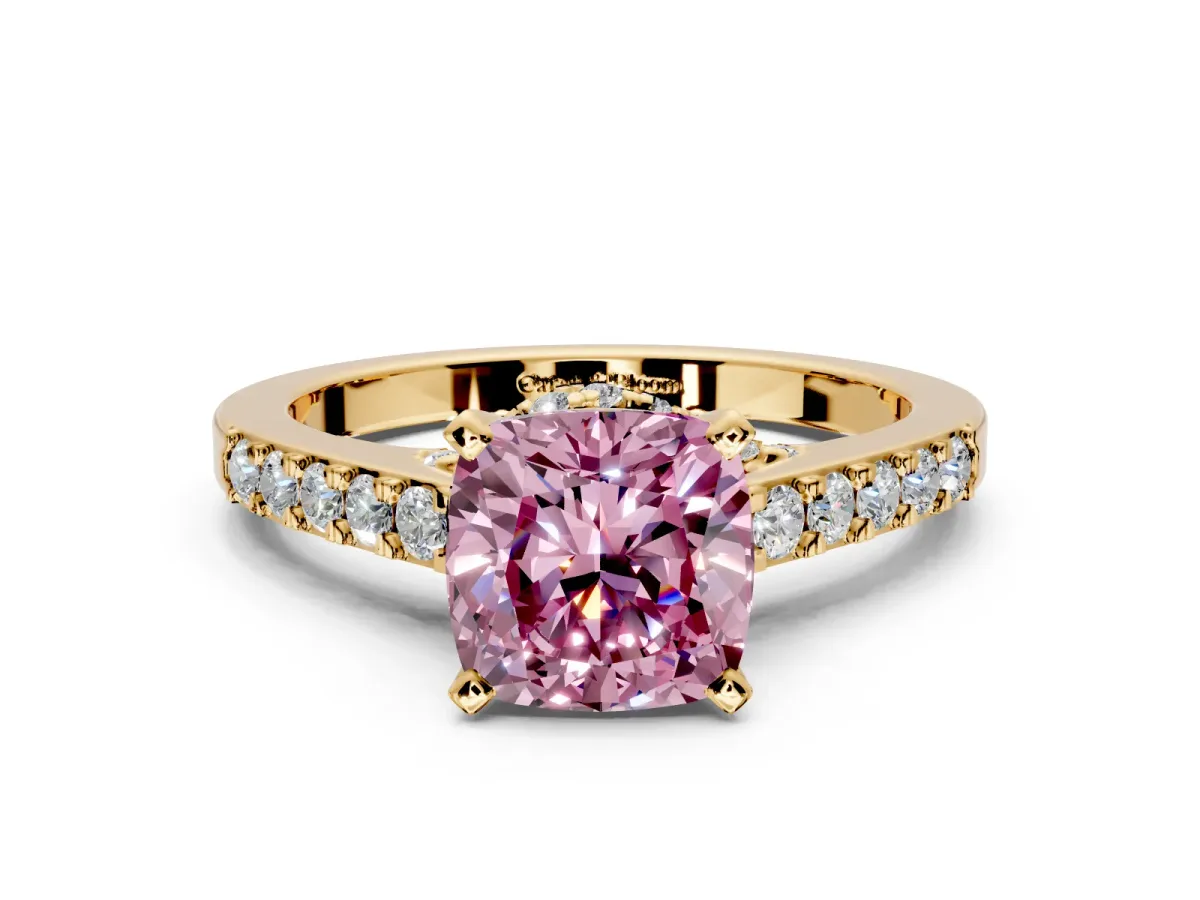 Solitaire Engagement Ring Setting for Fancy Pink Cushion Cut Center with Crossover Accents and Prong Head in Yellow Gold