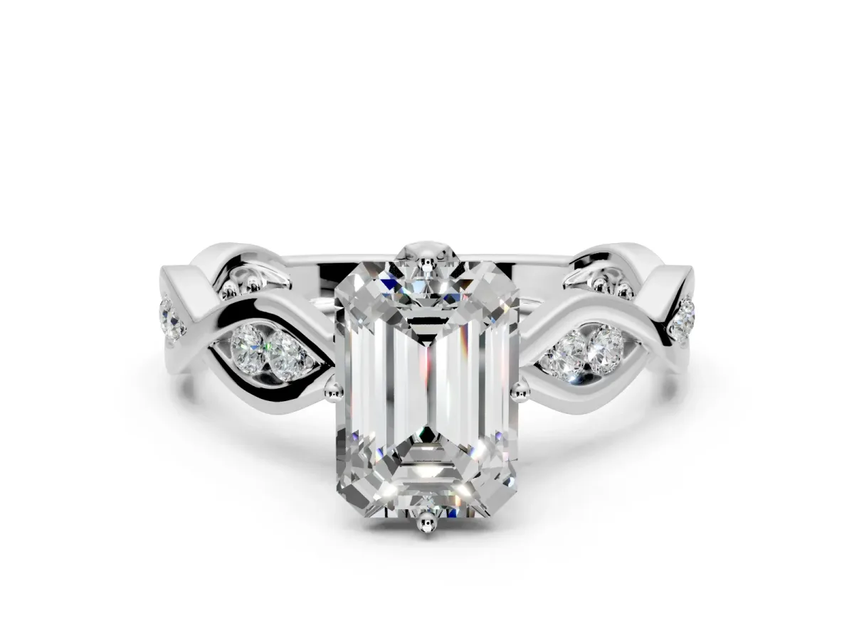 Solitaire Engagement Ring Setting for Emerald Cut Center with Accented Twist Band and Leaf Prong Head in Sterling Silver