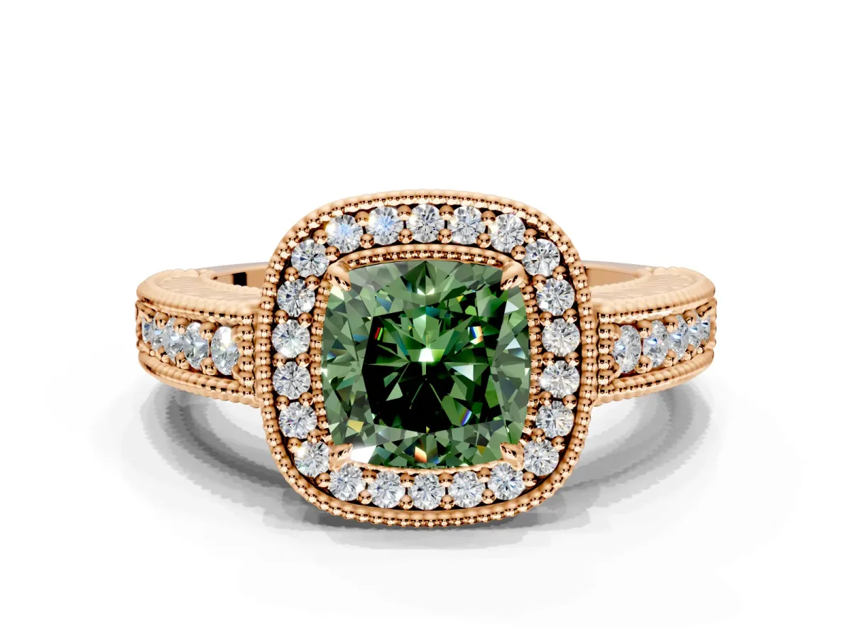 Milgrain Halo Engagement Ring Setting for Fancy Green Cushion Cut Center with Pave Band and Prong Head in Rose Gold