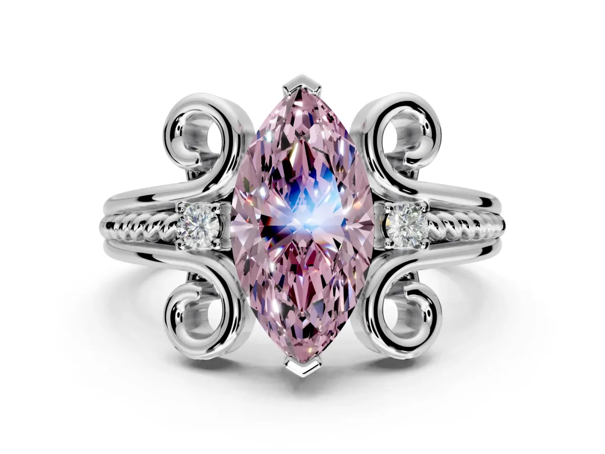 Solitaire Engagement Ring Setting for Fancy Pink Marquise Center with Twisted Band and Scroll Prong Head in Platinum