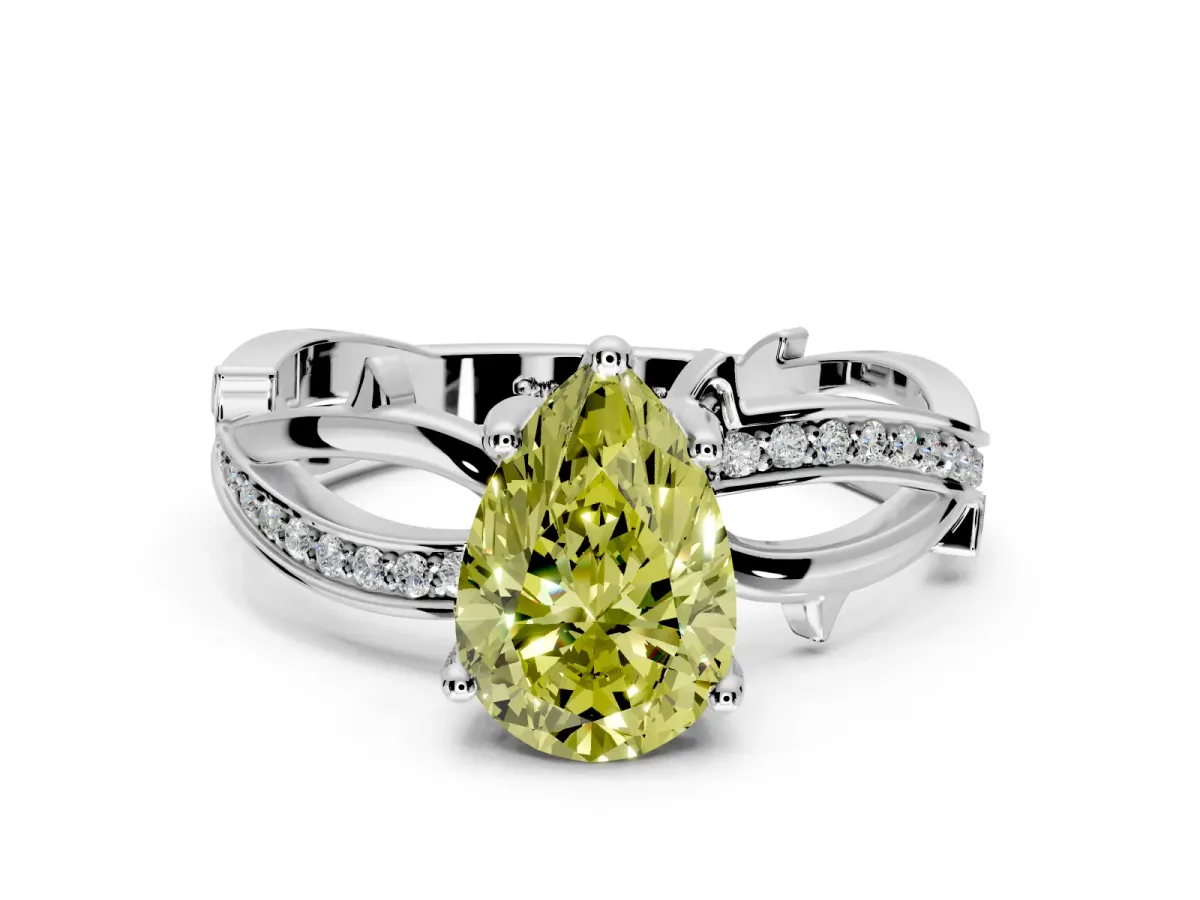 Solitaire Engagement Ring Setting for Fancy Yellow Pear-Shaped Center with Pave and Plain Crossover Band and Prong Head in Sterling Silver