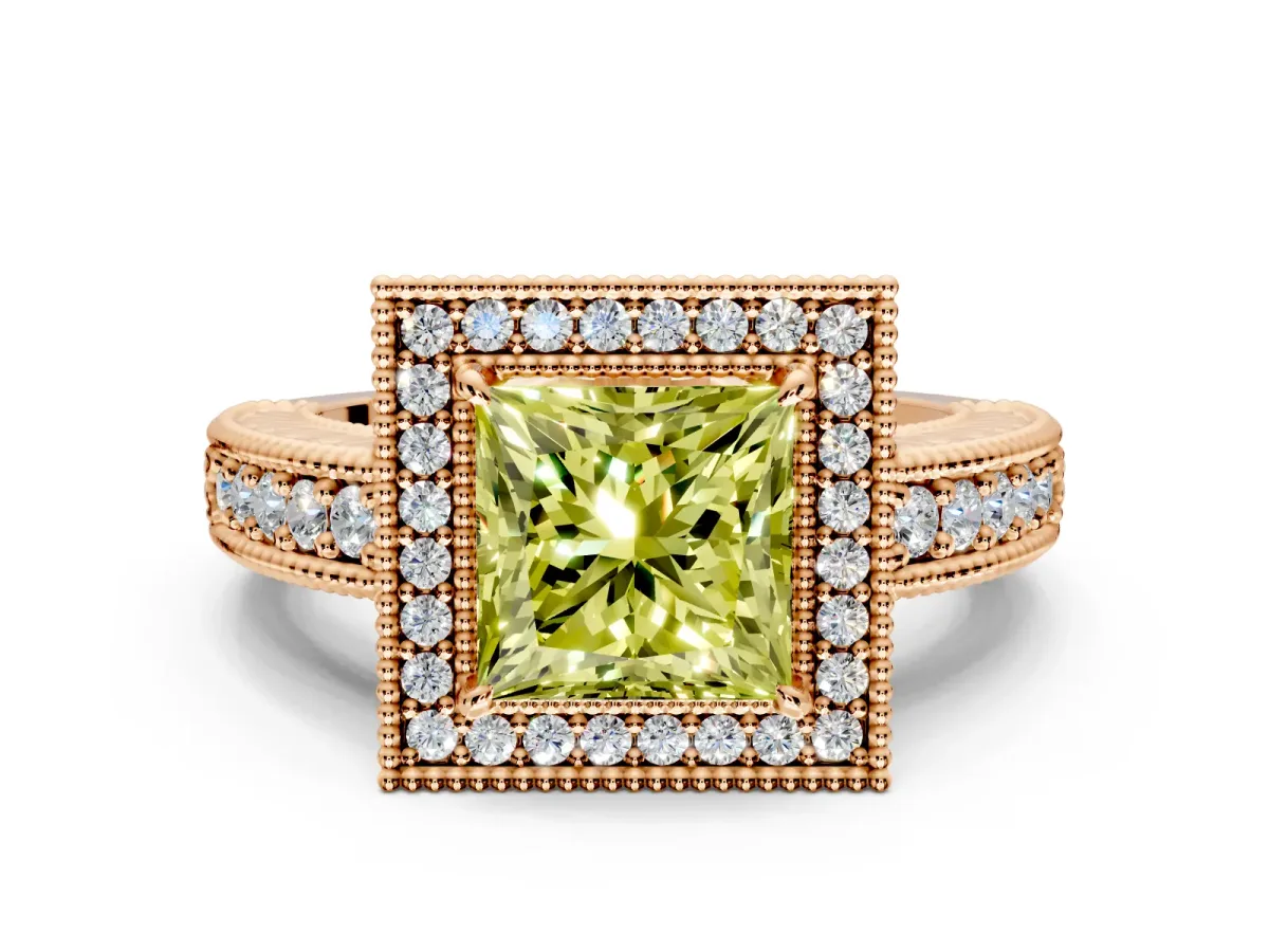 Milgrain Halo Engagement Ring Setting for Fancy Yellow Princess Cut Center with Pave Band and Prong Head in Rose Gold