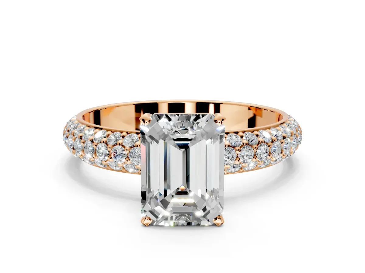 Solitaire Engagement Ring Setting for Emerald Cut Center with Domed Multi-Row Pave Band and Prong Head in Rose Gold