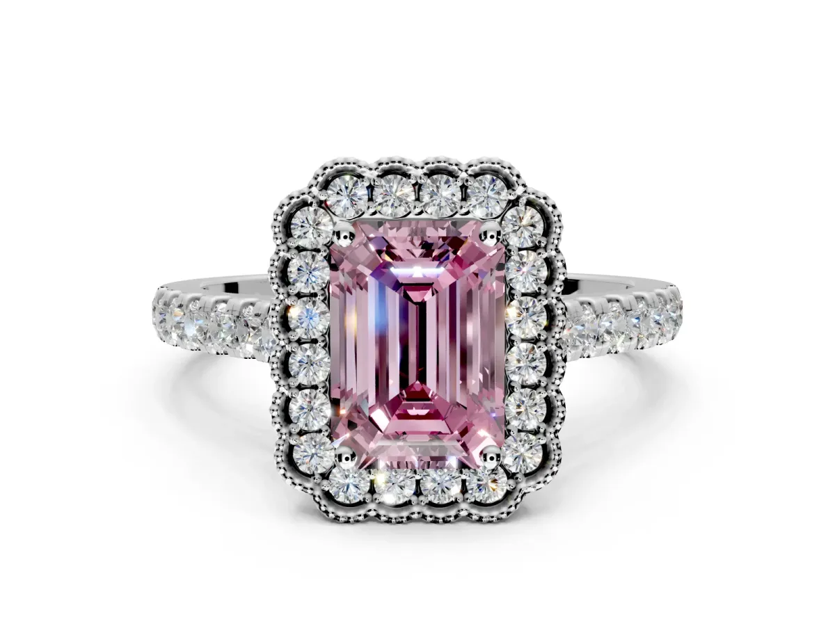 Milgrain Floral Halo Engagement Ring Setting for Fancy Pink Emerald Cut Center with Pave Band and Prong Head in Platinum