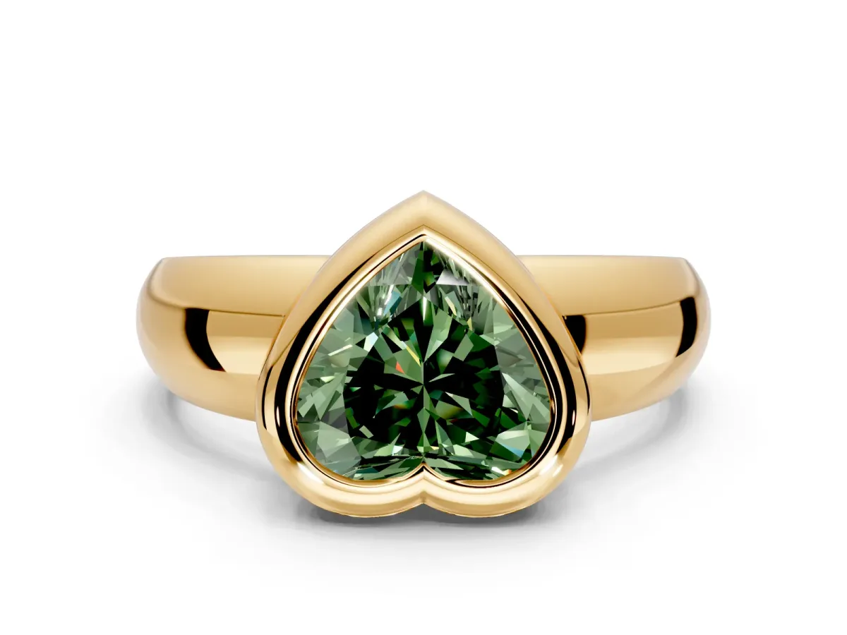 Solitaire Engagement Ring Setting for Fancy Green Heart-Shaped Center with Wide Band and Bezel Head in Yellow Gold