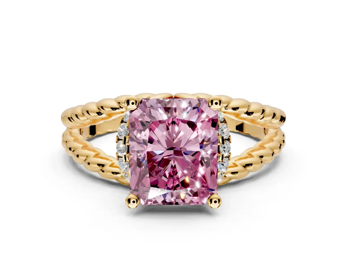 Halo Engagement Ring Setting for Fancy Pink Radiant Cut Center with Rope Twist Split Shank and Prong Head in Yellow Gold