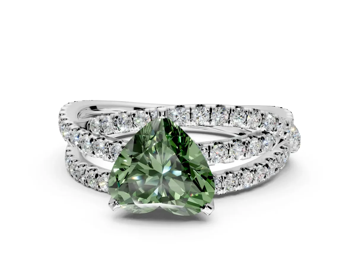 Solitaire Engagement Ring Setting for Fancy Green Heart-Shaped Center with Woven 3-Strand Pave Band and Prong Head in Sterling Silver