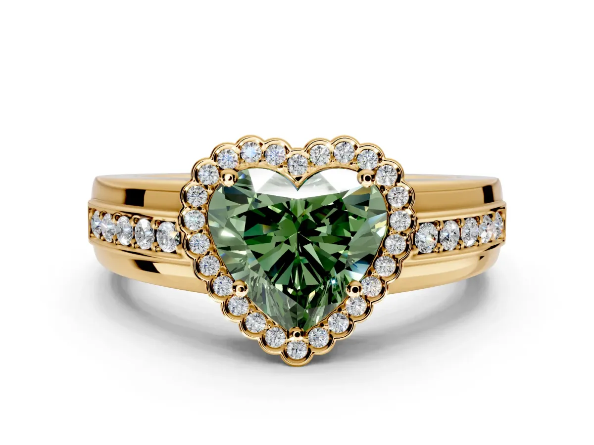 Halo Engagement Ring Setting for Fancy Green Heart-Shaped Center with Wide Band, Inlaid Accent Row and Prong Head in Yellow Gold