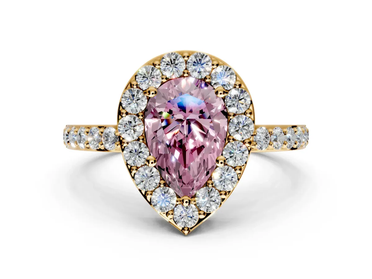 Halo Engagement Ring Setting for Fancy Pink Pear-Shaped Center with Heart-Shaped Openwork, Pave Band and Prong Head in Yellow Gold