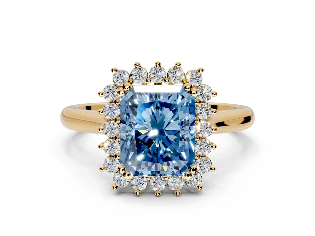 Starburst Halo Engagement Ring Setting for Fancy Blue Radiant Cut Center with Thin Round-Wire Band and Prong Head in Yellow Gold