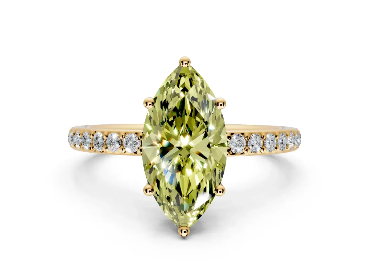 Solitaire Engagement Ring Setting for Fancy Yellow Marquise Center with Fine Pave Band and Prong Head in Yellow Gold