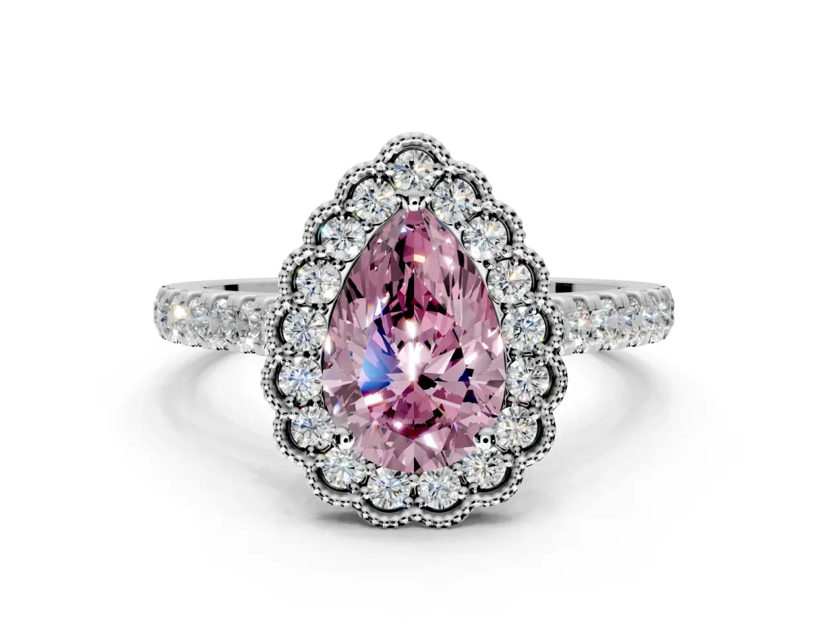 Milgrain Floral Halo Engagement Ring Setting for Fancy Pink Pear-Shaped Center with Pave Band and Prong Head in Platinum