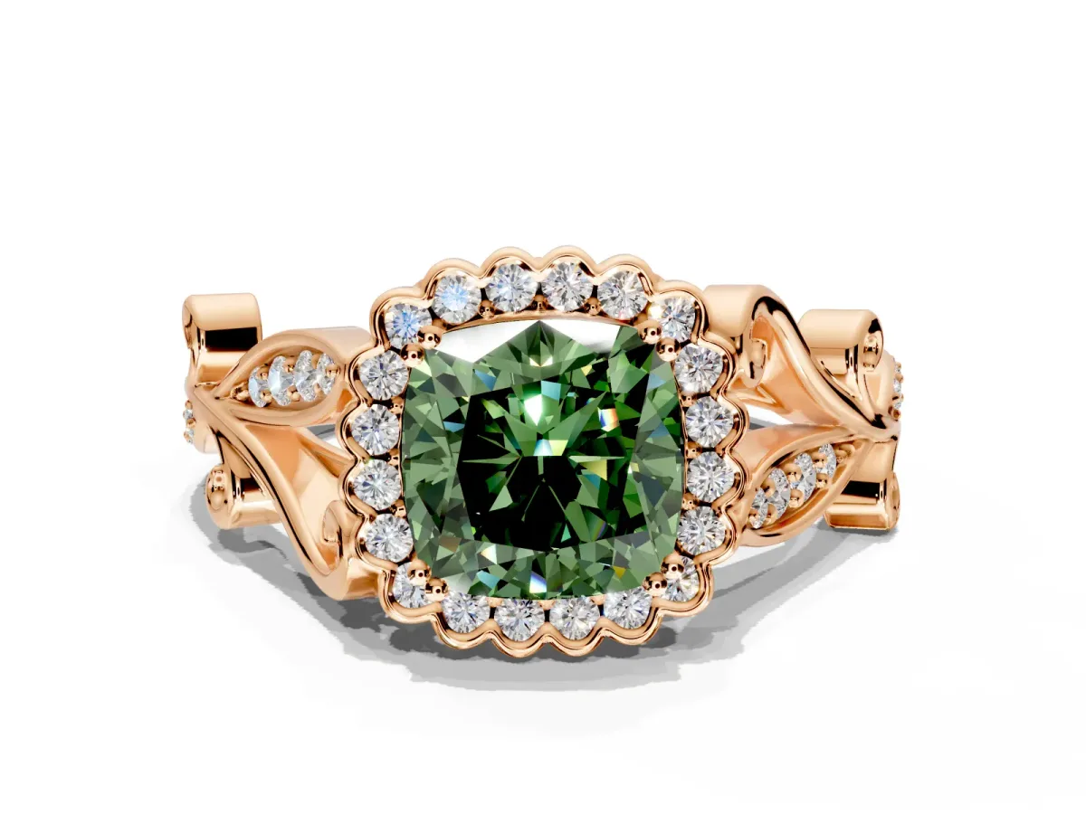 Halo Engagement Ring Setting for Fancy Green Cushion Cut Center with Leaf Motif Split Shank and Prong Head in Rose Gold