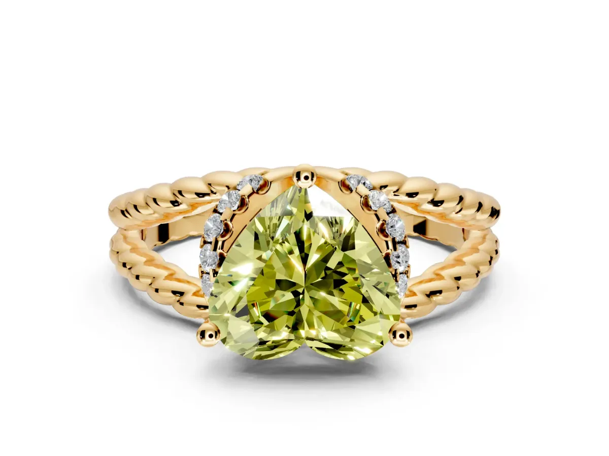 Halo Engagement Ring Setting for Fancy Yellow Heart-Shaped Center with Rope Twist Split Shank and Prong Head in Yellow Gold