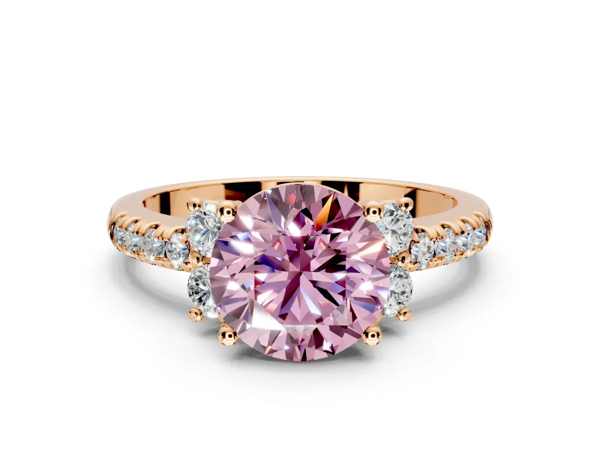 Paired Accent Engagement Ring Setting for Fancy Pink Round Cut Center with Pave Band and Prong Head in Rose Gold