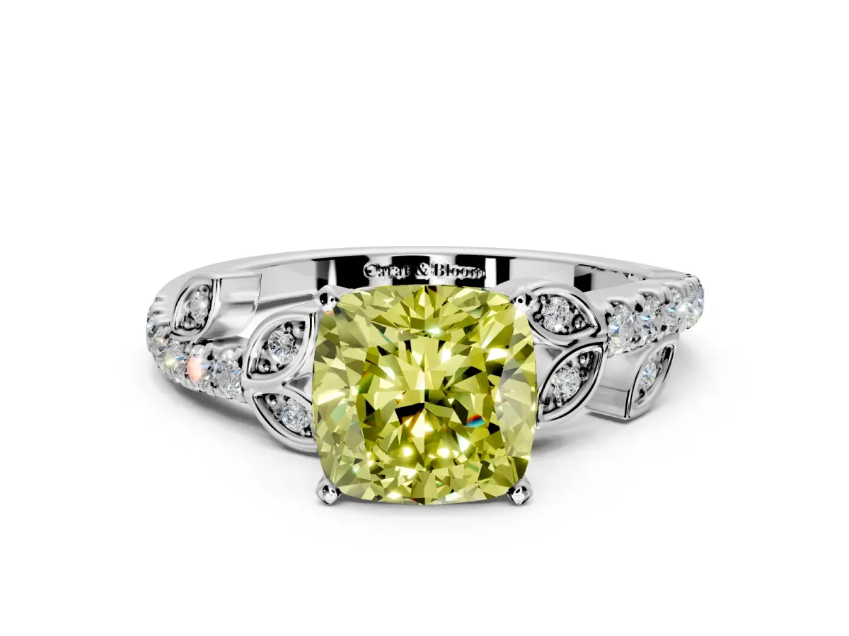Leaf Motif Engagement Ring Setting for Fancy Yellow Cushion Cut Center with Pave Band and Prong Head in Platinum