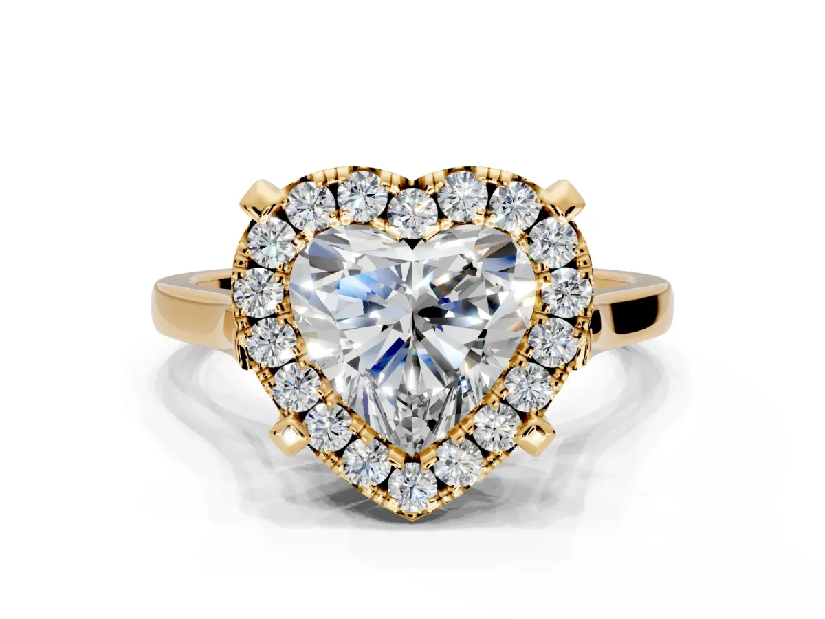 Single Halo Engagement Ring Setting for Heart-Shaped Center with Corner Claws, Plain Band and Prong Head in Yellow Gold
